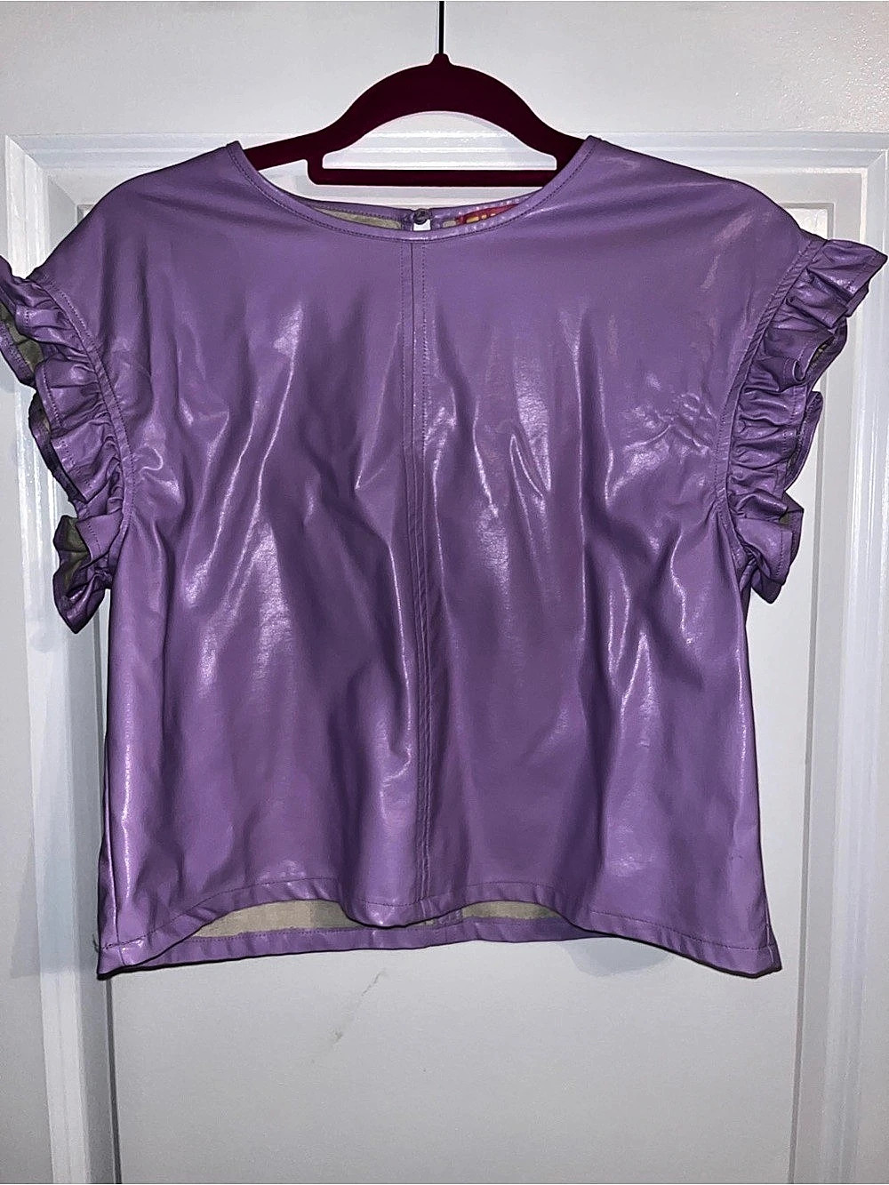 THML Faux Leather Purple Ruffle Sleeve Blouse Like New